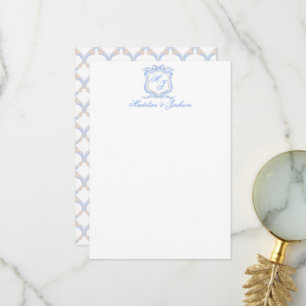 Carte De Remerciements Aquarelle Designer Blue Monogram Crest Mariage