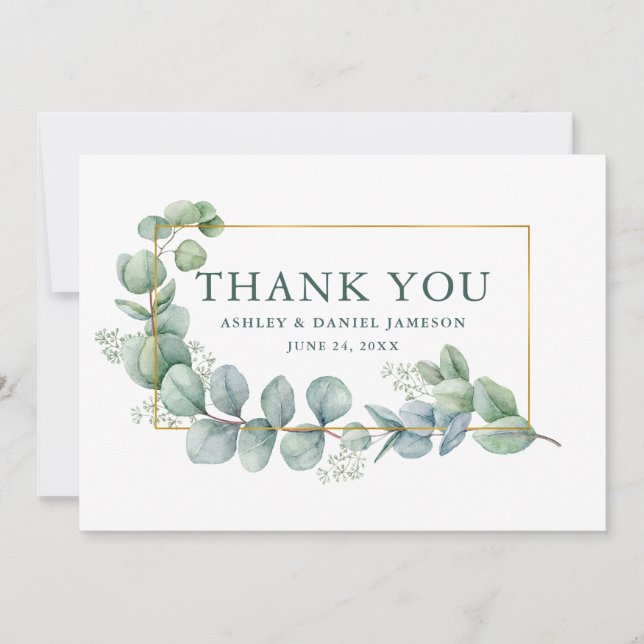 Carte De Remerciements Aquarelle Eucalyptus Green Mariage Gold Frame (Devant)