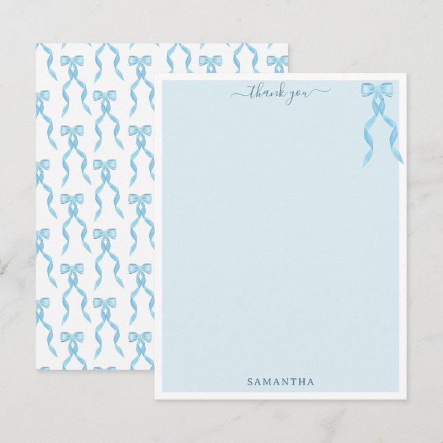 Carte De Remerciements Aquarelle fantaisie Bleu Bow personnalisée (Devant / Derrière)