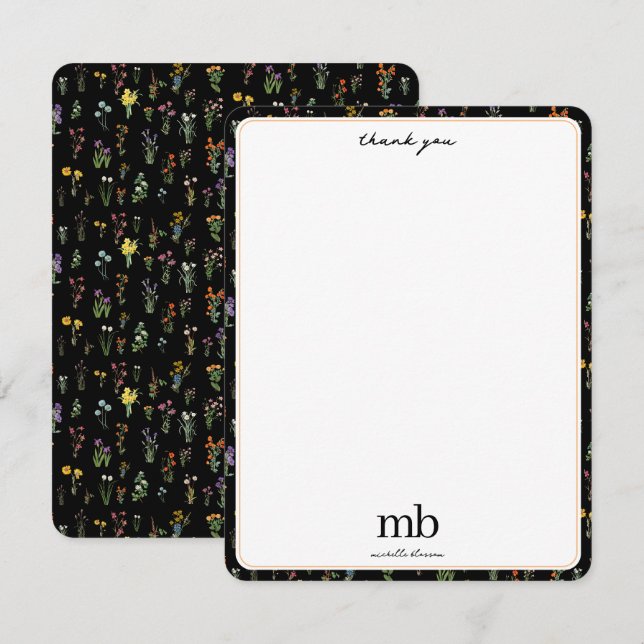 Carte De Remerciements Aquarelle fleur sauvage Floral botanique noir (Devant / Derrière)