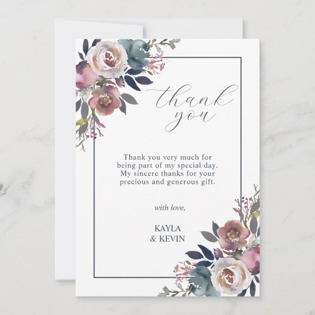 Carte De Remerciements Aquarelle Fleurie Rose Poussiéreux Mauve Bleu Nuit (Devant)