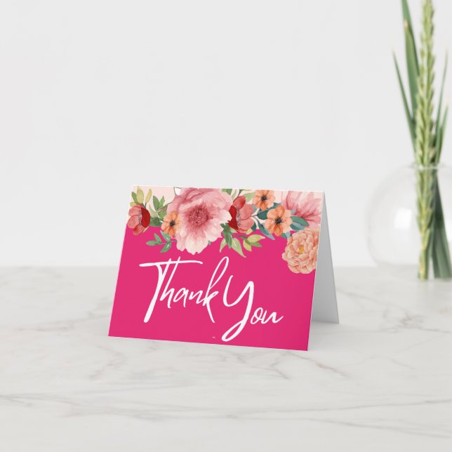 Carte De Remerciements Aquarelle fleurie rose vif table de douche (Devant)