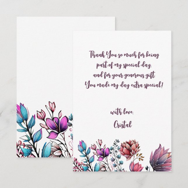 Carte De Remerciements Aquarelle Fleurs adultes Anniversaire (Devant / Derrière)