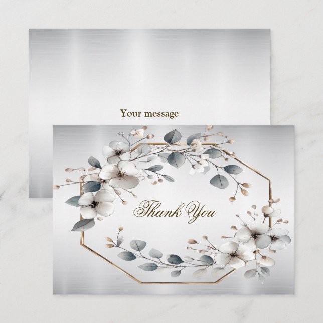 Carte De Remerciements Aquarelle Fleurs blanches Cadre doré Argent Turquo (Devant / Derrière)
