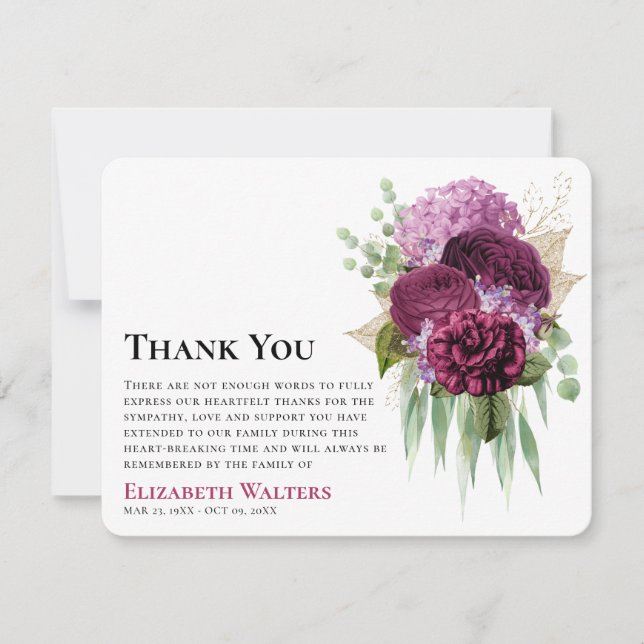 Carte De Remerciements Aquarelle Fleurs pourpres & Symapathie Eucalyptus (Devant)