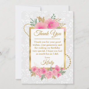 Carte De Remerciements Aquarelle Fleurs roses Sweet sixteen à huile or