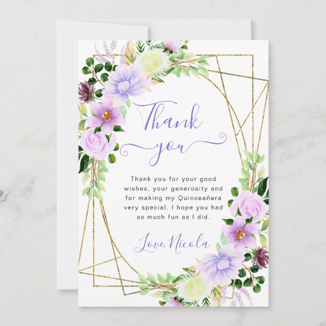 Carte De Remerciements Aquarelle Fleurs violettes Cadre Or Quinceanera (Devant)