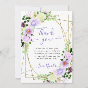 Carte De Remerciements Aquarelle Fleurs violettes Cadre Or Quinceanera