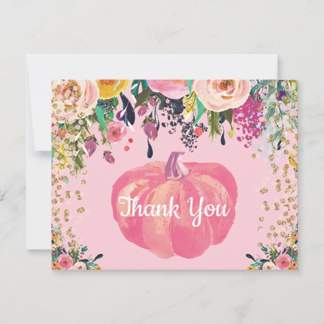 Carte De Remerciements Aquarelle Floral Citrouille de chute Parties scint (Devant)