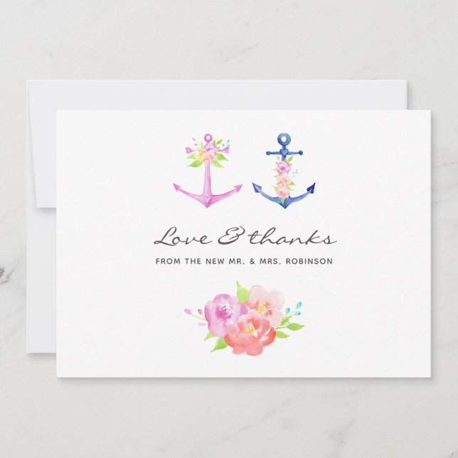 Carte De Remerciements Aquarelle Floral Mariage nautique (Devant)