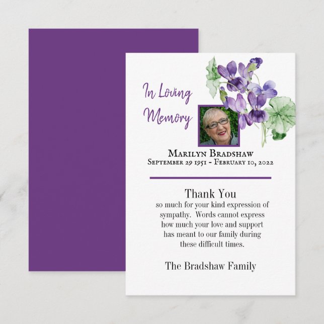 Carte De Remerciements Aquarelle Floral Memorial Bereavement Photo (Devant / Derrière)