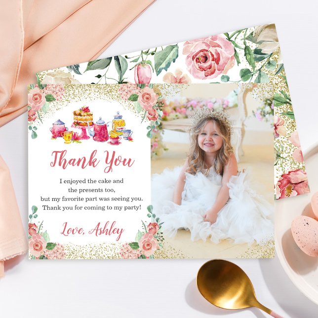 Carte De Remerciements Aquarelle Floral Tea Party Filles Anniversaire Pho (Créateur téléchargé)