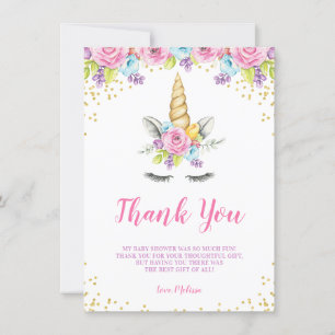 Carte De Remerciements Aquarelle Floral Unicorn Baby shower