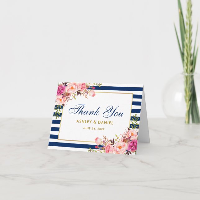Carte De Remerciements Aquarelle Florale Bleu rose Bleu Mariage Note (Devant)