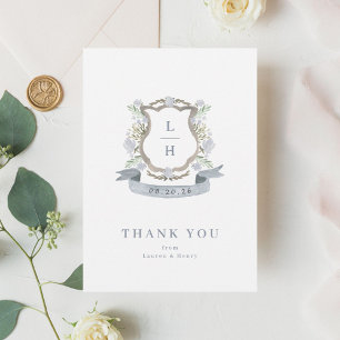 Carte De Remerciements Aquarelle Florale Crest Monogramme Mariage plat
