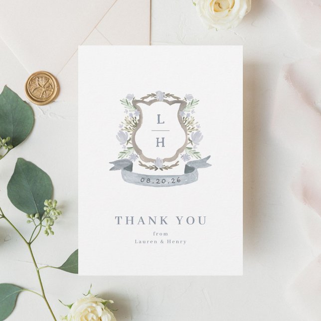 Carte De Remerciements Aquarelle Florale Crest Monogramme Mariage plat (Créateur téléchargé)