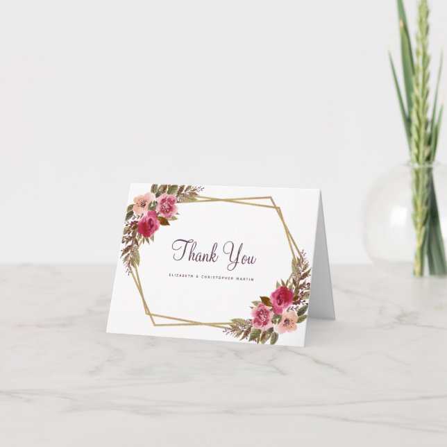 Carte De Remerciements Aquarelle Florale Elégant Mariage Gold Frame Chic (Devant)