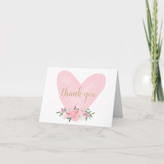 Carte De Remerciements Aquarelle florale or rose valentines coeur (Devant)