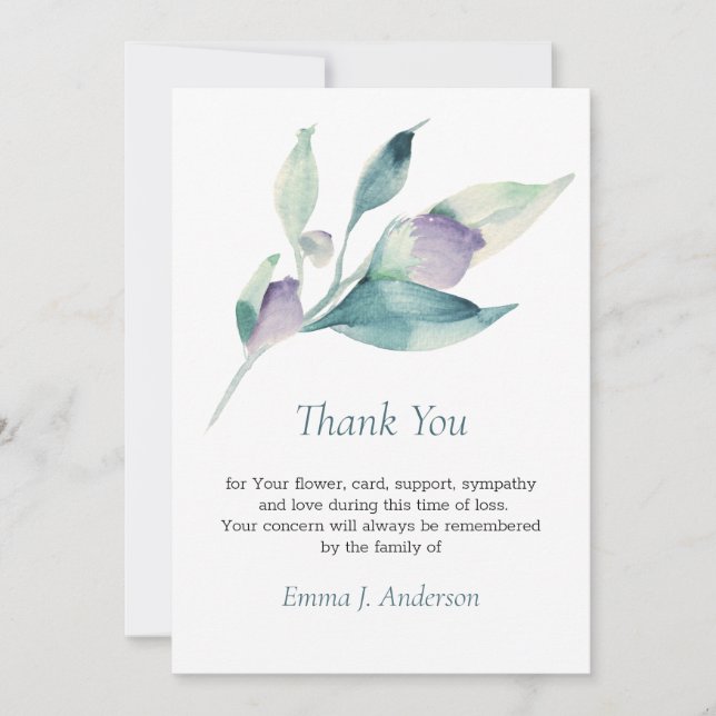 Carte De Remerciements Aquarelle florale Sympathie des funérailles vert-m (Devant)