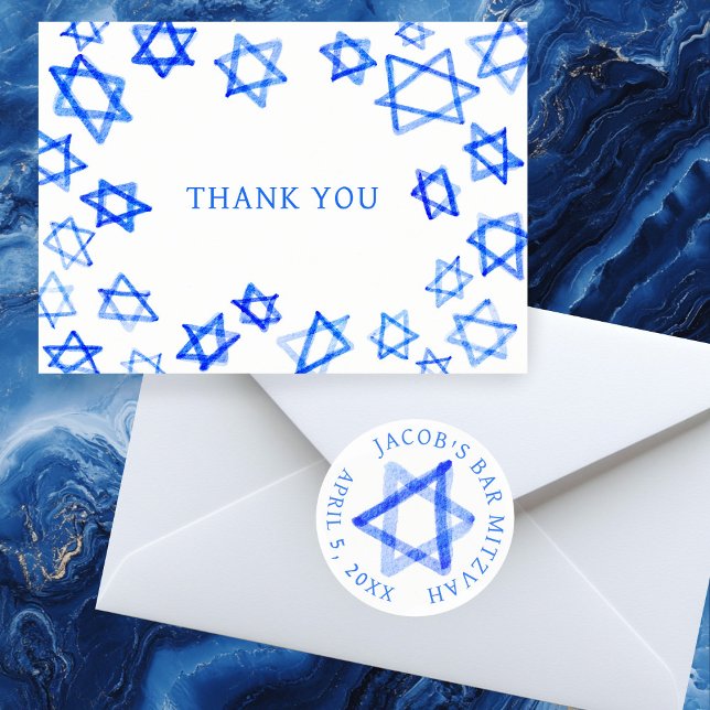 Carte De Remerciements Aquarelle Fun Blue Star de David Bar Bat mitzvah (Watercolor Fun Blue Star of David Bar Bat Mitzvah Thank You Card
)