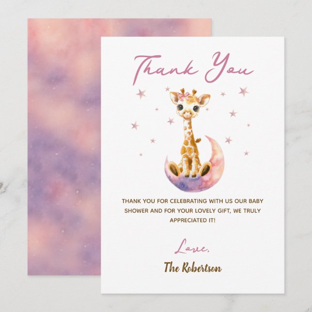 Carte De Remerciements Aquarelle Giraffe rose Baby shower C'est une fille (Devant / Derrière)