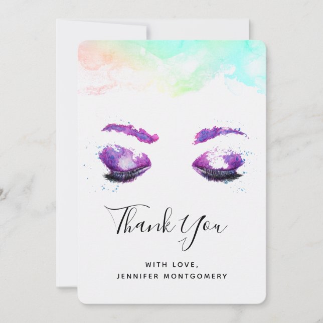 Carte De Remerciements Aquarelle glamour aux yeux et aux bouillons pourpr (Devant)
