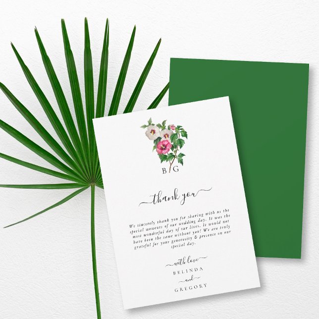 Carte De Remerciements Aquarelle Hibiscus Tropical Mariage d'été (Watercolor Tropical Hibiscus Summer Wedding Thank You Card)