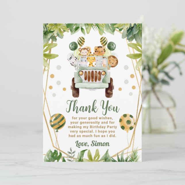 Carte De Remerciements Aquarelle Jungle Safari Animaux Anniversaire de en (Debout devant)