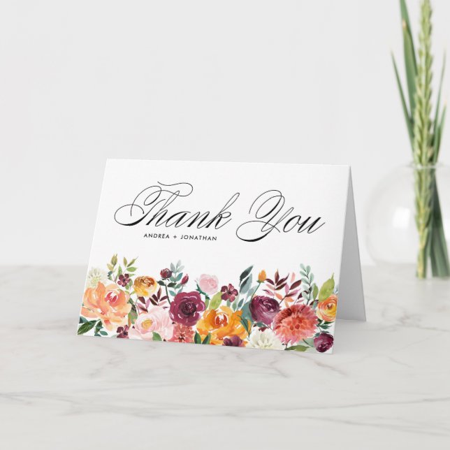 Carte De Remerciements Aquarelle L'automne fleurit Floral Garland Mariage (Devant)