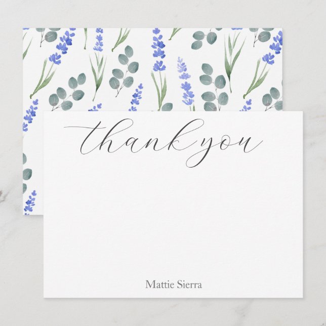 Carte De Remerciements Aquarelle Lavande et Motif Eucalyptus (Devant / Derrière)