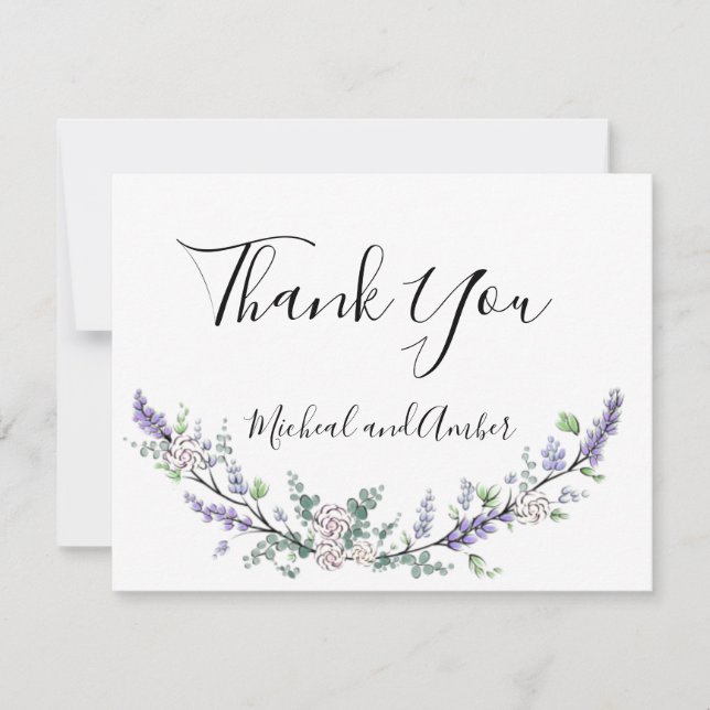 Carte De Remerciements Aquarelle Lavande Eucalyptus roses blanches (Devant)