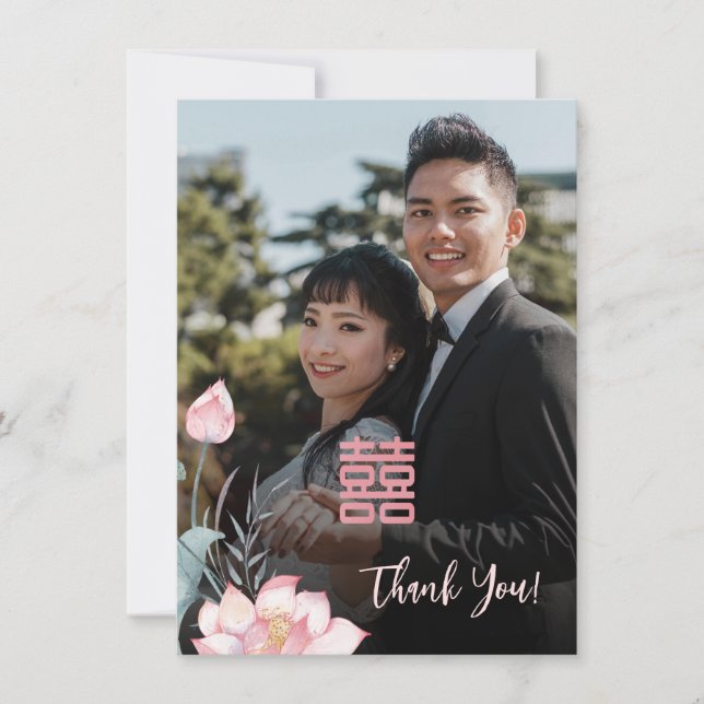 Carte De Remerciements Aquarelle Lotus Mariage chinois (Devant)
