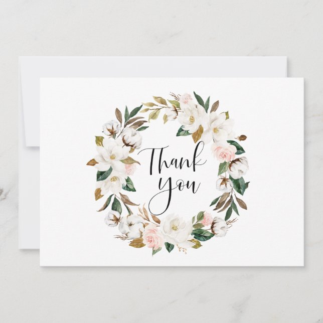 Carte De Remerciements Aquarelle Magnolias et Mariage de couronne de coto (Devant)