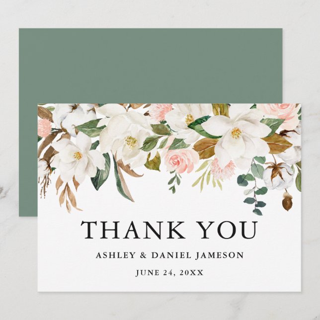 Carte De Remerciements Aquarelle Magnolias Roses Sage Mariage vert (Devant / Derrière)