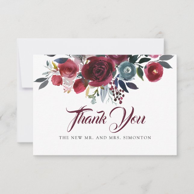 Carte De Remerciements Aquarelle mariage floral rouge Bourgogne (Devant)