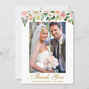 Carte De Remerciements Aquarelle mariage rose Blush Photo Or