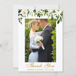 Carte De Remerciements Aquarelle mariage Vert Blanc Floral Photo Or