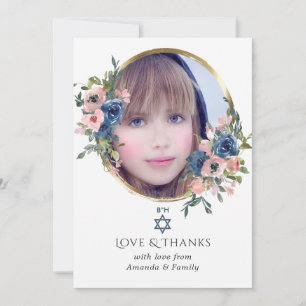 Carte De Remerciements Aquarelle marine et bleu Bat mitzvah floral photo