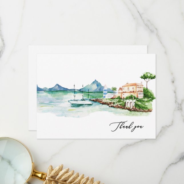 Carte De Remerciements Aquarelle Méditerranée Paysage Nom personnalisé (Devant/Arrière en situation)