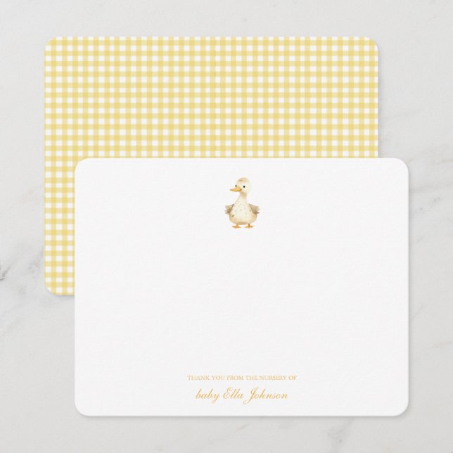 Carte De Remerciements Aquarelle mignonne Canard Jaune En vichy bébé Merc (Devant / Derrière)