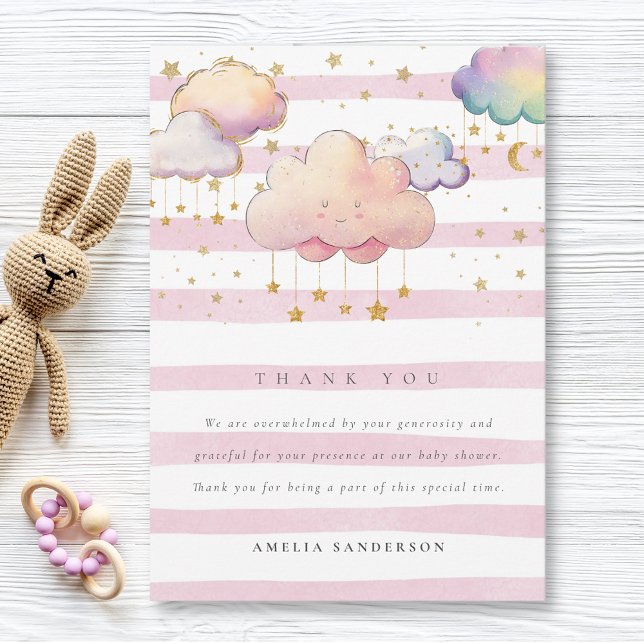 Carte De Remerciements Aquarelle mignonne Cloud Star Baby Girl Douche ros (Créateur téléchargé)
