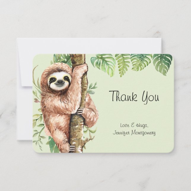 Carte De Remerciements Aquarelle mignonne Sloth & Feuilles tropicaux (Devant)
