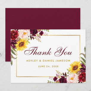 Carte De Remerciements Aquarelle Mixte Floral Bourgogne Mariage or