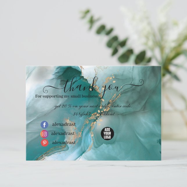 Carte De Remerciements Aquarelle moderne élégante Turquoise et or (Debout devant)