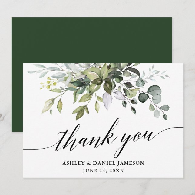 Carte De Remerciements Aquarelle moderne Mariage de calligraphie verte (Devant / Derrière)