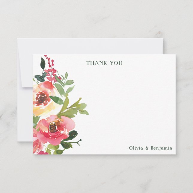Carte De Remerciements Aquarelle moderne Rouge rose Mariage Floral Person (Devant)