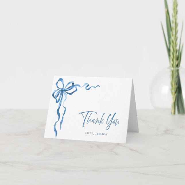 Carte De Remerciements Aquarelle moderne simple Bleu main tiré Bow (Devant)