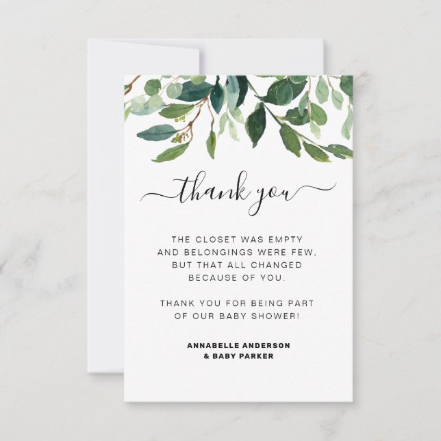 Carte De Remerciements Aquarelle moderne Verdure Baby shower botanique (Devant)