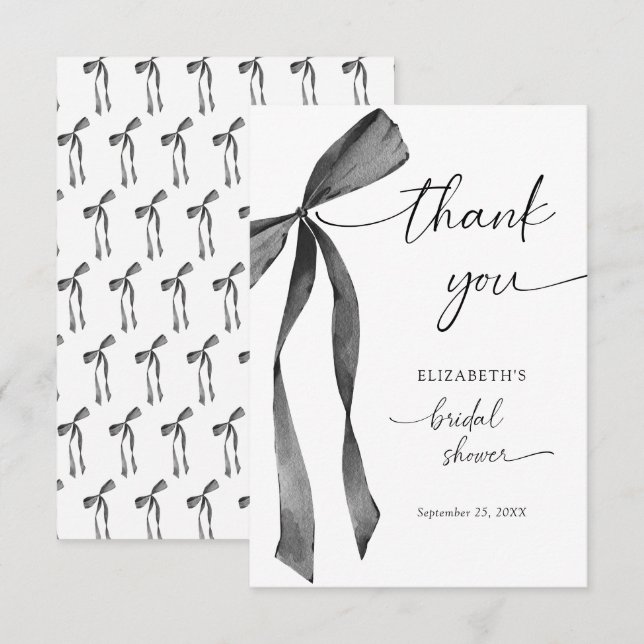 Carte De Remerciements Aquarelle noir Coquette Fête des mariées Bow (Devant / Derrière)