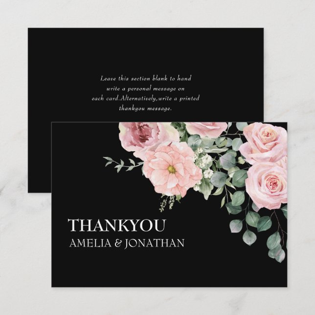 Carte De Remerciements Aquarelle noire et rose moderne Mariage floral (Devant / Derrière)